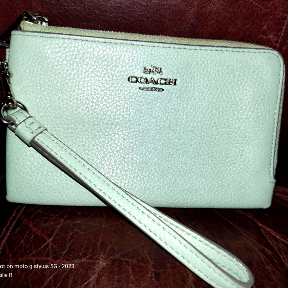 Coach Pebble leather double wristlet, mint green